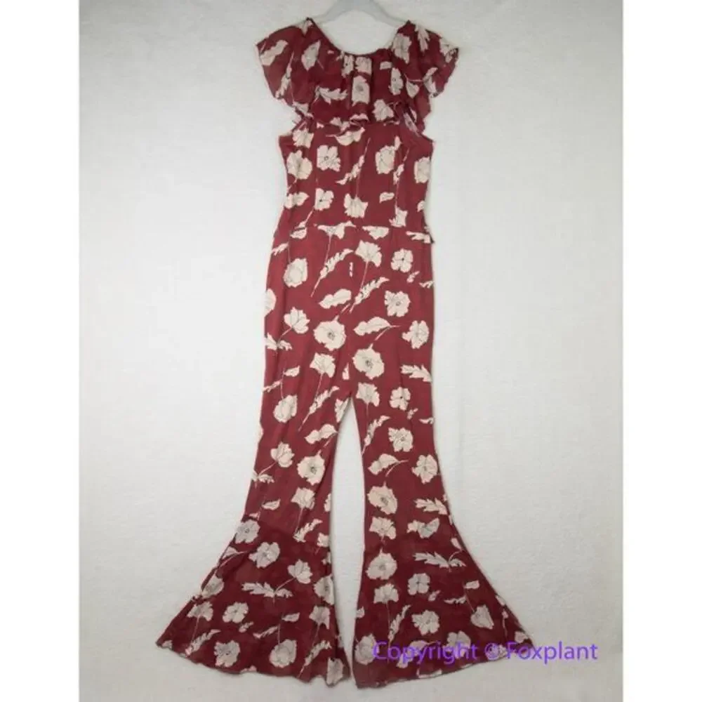 New! Free People AUSTYN brick red floral flaired‎ pant ruffle jumpsuit, size M